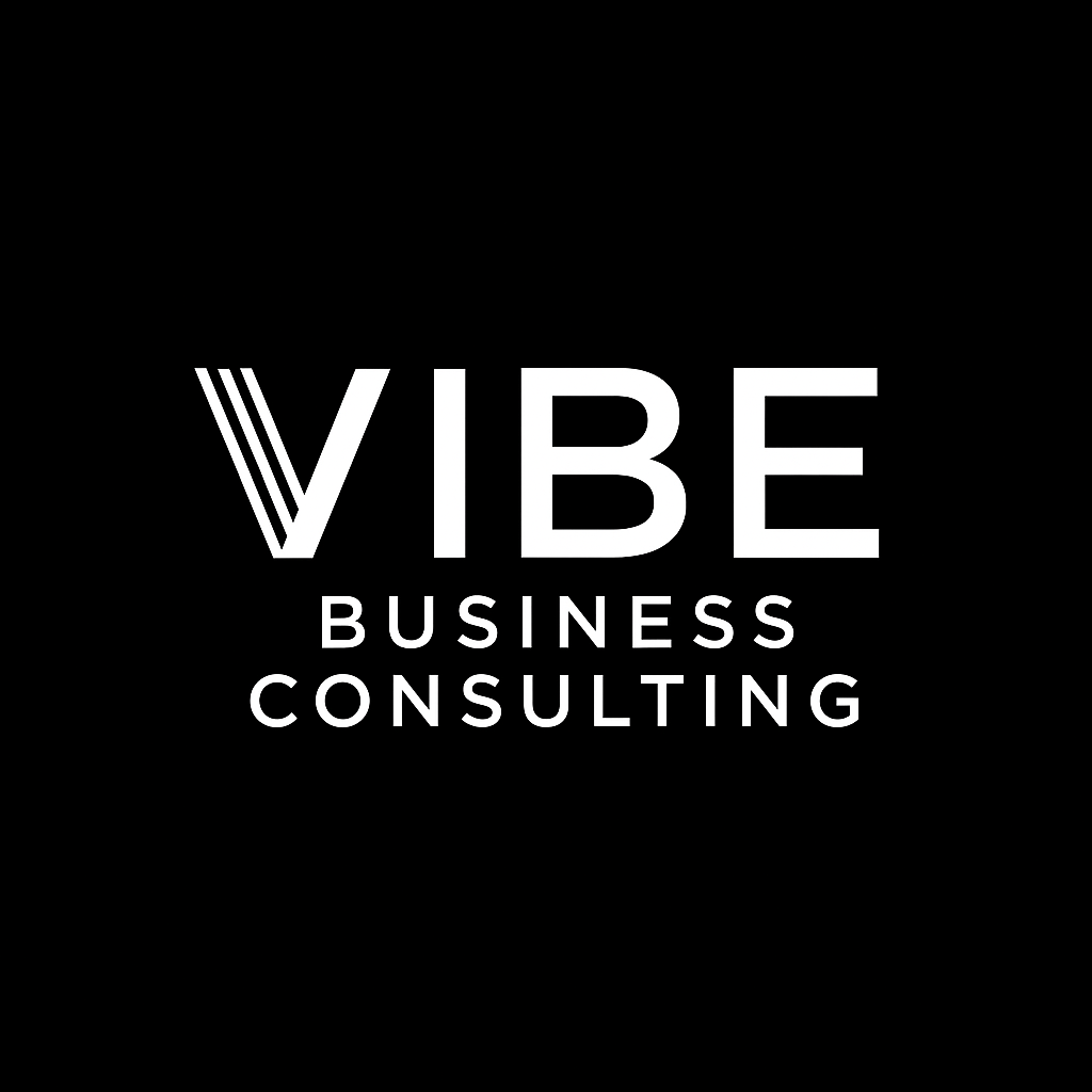 A monochromatic image featuring the words "VIBE Business Consulting," in large, white letters.